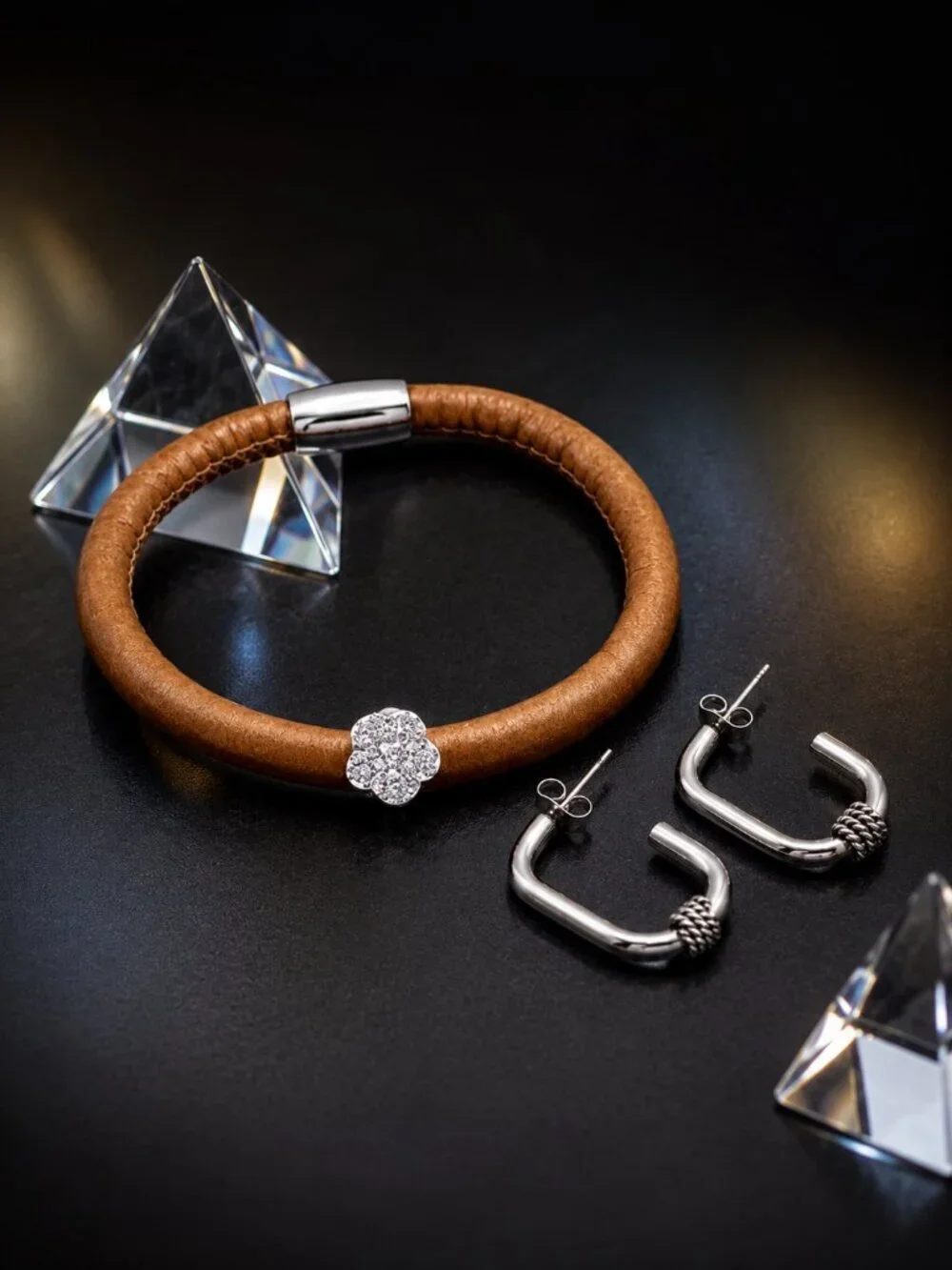 Caramel Vegan Leather Magnetic Bangle and Steel Hoop Earrings Set CZ Flower Boho
